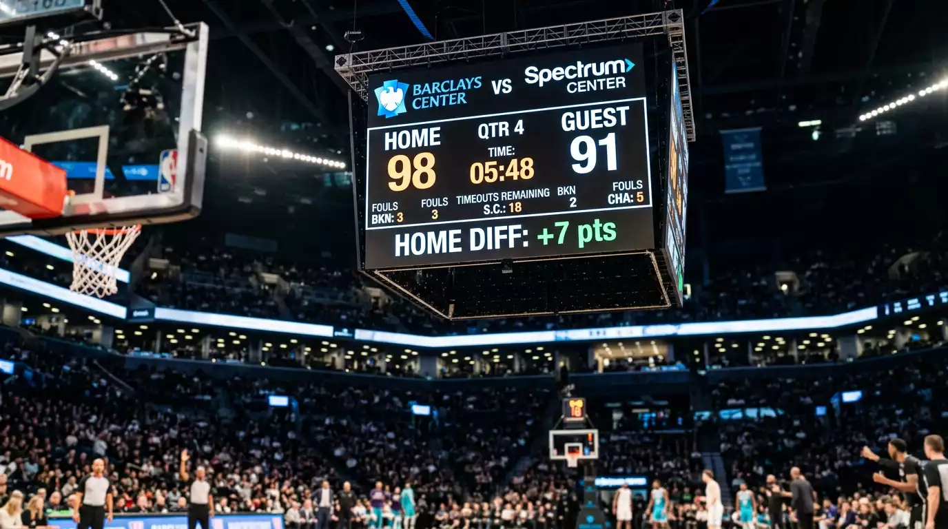 Basketball arena scoreboard displaying point differential for spread betting concept