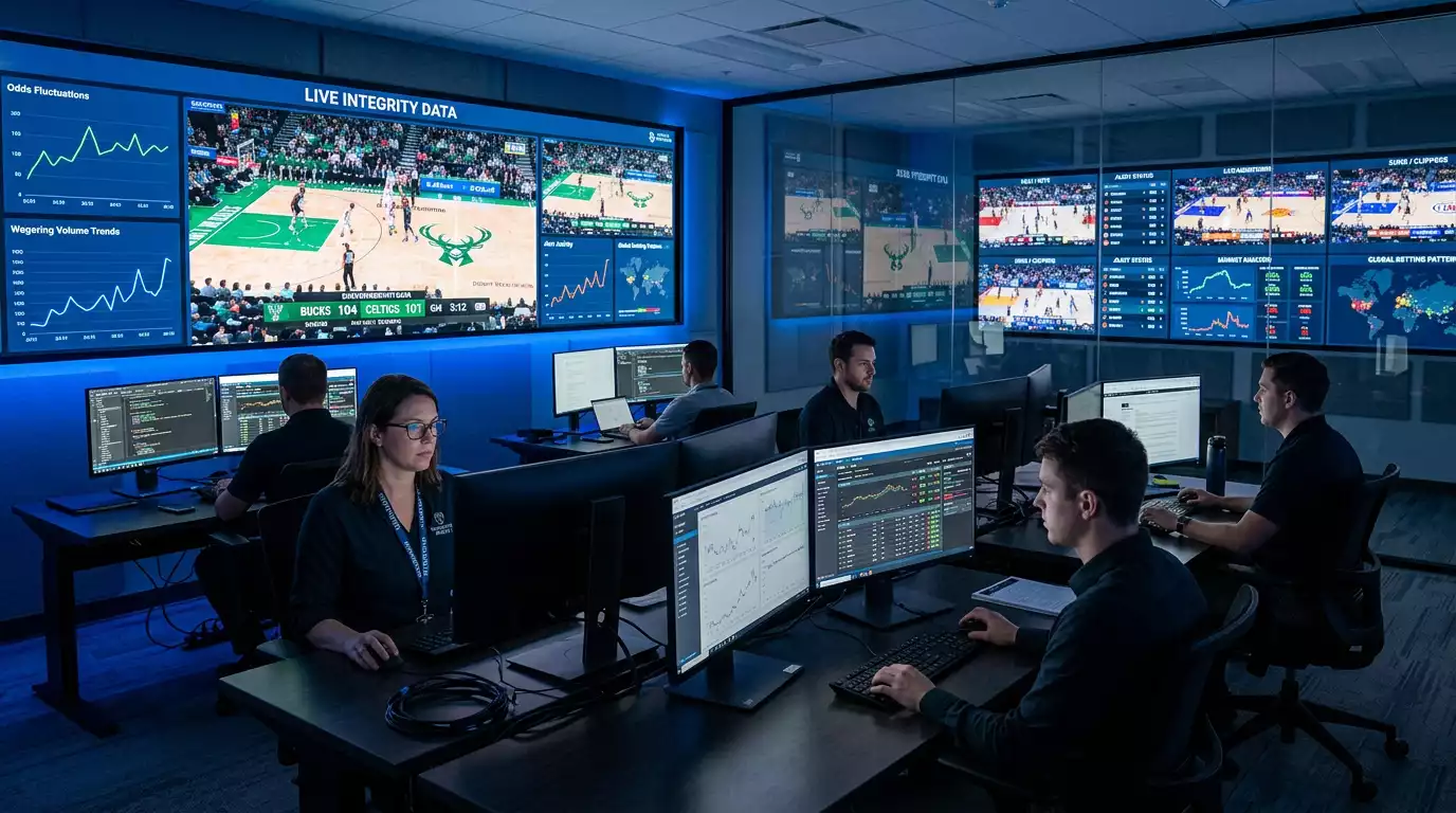 Sports betting integrity monitoring centre with analysts tracking suspicious betting patterns across global markets